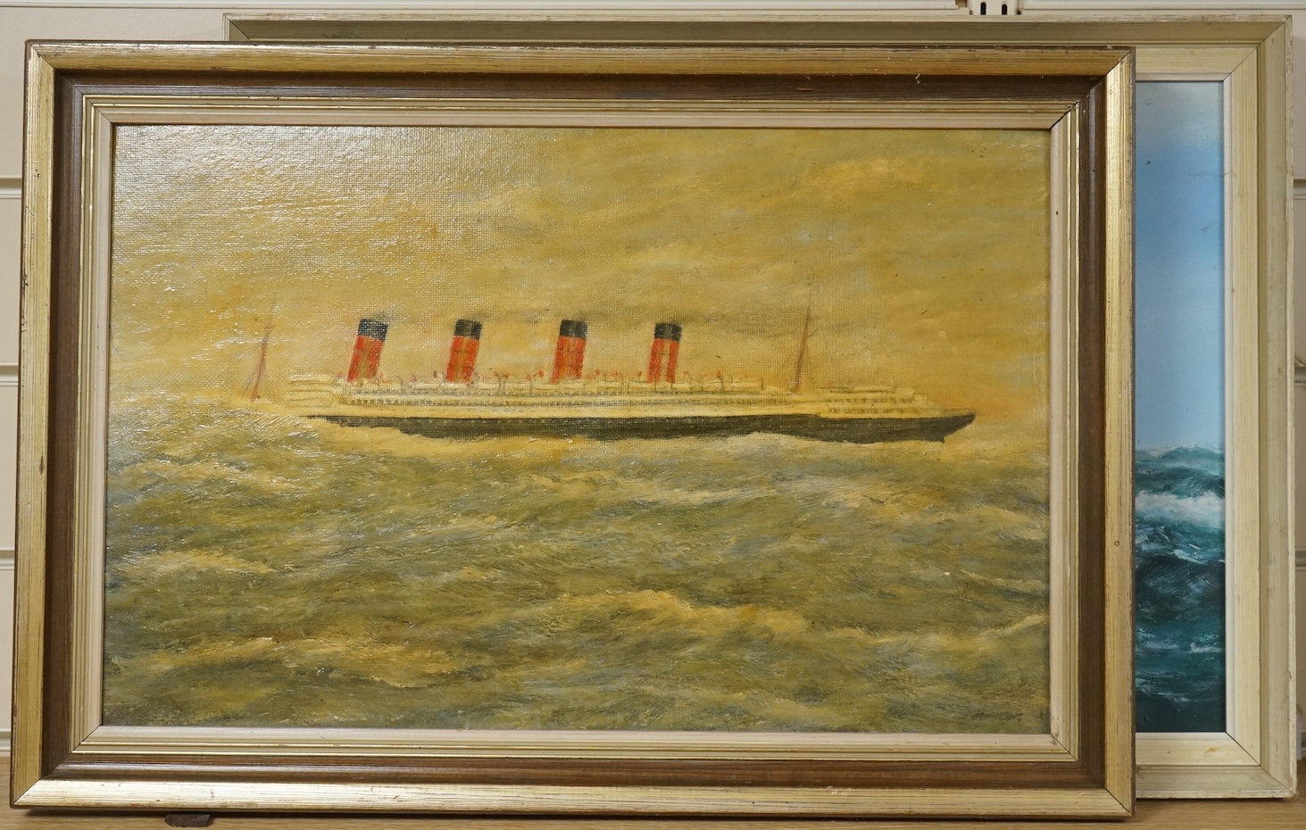 Two oils comprising John Hewitt (1922-2006), Choppy seascape and Naïve English school, study of a steamship, 30 x 46cm